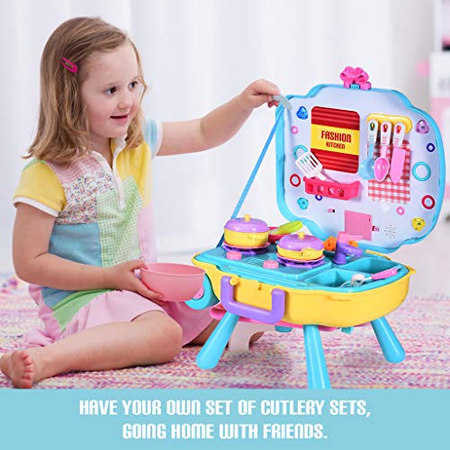Bravetoshop 3-in-1 Chef Role Toys Pretend Play Kitchen Set with Workbench&Pull Bar Box&Backpack - Thumbnail 3