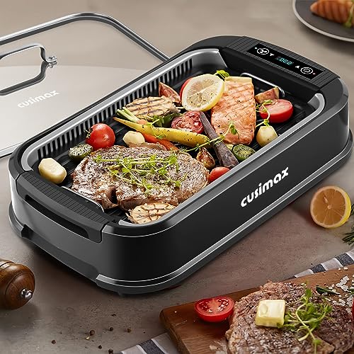 CUSIMAX Electric Grill, Indoor Smokeless Grill with LED Smart Display, Glass Lid, 1500W Family Grill with Non-Stick Plate, Variable Temperature Control, Health grill with Drip Tray, Dishwasher Safe