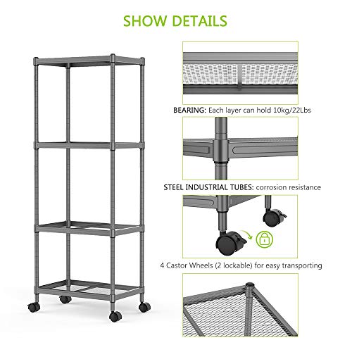 Cozzine 4-Tier Storage Shelves, Adjustable Storage Unit Heavy Duty Steel Tube Wire Mesh Shelving Unit with Wheels for Home/Office/Garage/Pantry Organizer (17.3''x11.8''x47.24'')