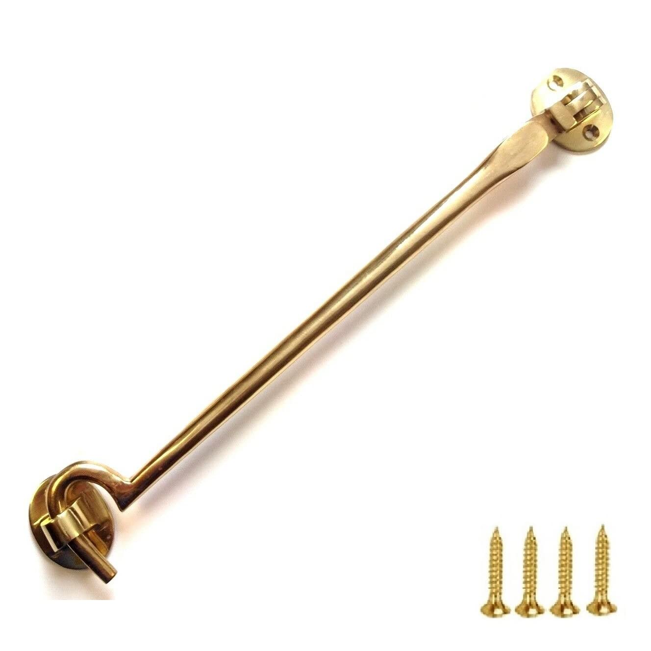TERF® 250mm Heavy Duty Polished Brass Cabin Door Hook and Eye Lock 250mm (10 inch) Cabinet Latch including Fixing Screw For Door Gate Window Closet Shed Latch - Pack of 1