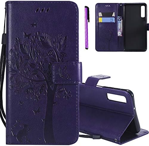 ISADENSER Samsung Galaxy A750 Case Galaxy A7 2018 Case for Women [Wallet Stand] Gift with Cards Slot Holder Cash Pockets PU Leather Wallet Case for Samsung Galaxy A750 / A7 2018 Purple Cat Wish Tree