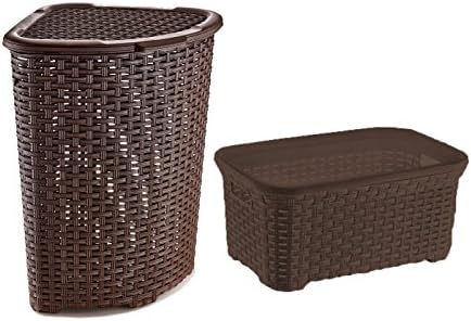 Rattan (Wicker Style) Laundry Set, Corner Hamper and Basket (Brown Base and Beige Trim)