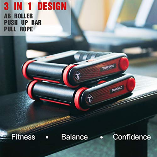 TOMSHOO-Bauchroller-Bauchtrainer-Liegestuetzgriffe-3-IN-1-Multifunktions-Fitnessgeraete-AB-Roller-Automatischer-Rueckprall-Push-Up-Bar-Faltbar-mit-Resistance-bands-und-Kniematte-fuer-Home-Workout-ein-