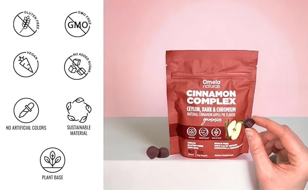 OMELA NATURALS SUGAR-FREE CEYLON CINNAMON COMPLEX GUMMIES APPLE CINNAMON FLAVOR | IMMUNE SUPPORT & ANTIOXIDANT SUPPLEMENTS | 2000MG CINNAMON COMPLEX WITH CHROMIUM | VEGAN, NON-GMO, GLUTEN-FREE| 60CT