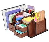 PAG Office Supplies Wood Desk Organizer Pen Mail Holder Accessories Storage Caddy with 3 Drawers, 10 Compartments, Brown