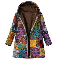 Orfilaly Womens Winter Coat Jackets Warm Thicken Cotton Linen Fluffy Fur Outwear Parka Retro Ethnic Print Zip Hooded Overcoat Orange