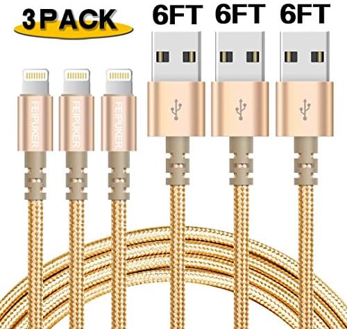 iPhone Charger, FEIPUKER Nylon Braided Charging（6FT） Cable Cord Lightning to USB Cable Charger Compatible for IPhone X/8/7/6s/6/Plus/5se/5s/5c/5,iPod, iPad, and More (3 PACK Gold)