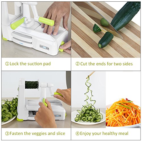 5-Blade Spiralizer Vegetable Spiral Slicer, Noodle Maker, Fruits and Veggies Slicer for Low Carb/Paleo/Gluten-Free Meals with Labeled Blades and Storage Box, Cleaning Brush (Free Recipe Book)