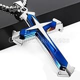 Blue&Black Silver Stainless Steel Cross Pendant Men's Necklace Chain