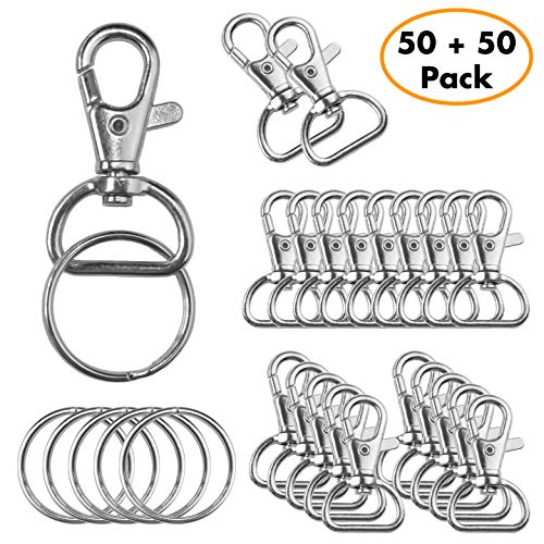 Metal Swivel Clasps Lobster Claw Clasp Lanyard Snap Hook (100 Pack) 1 5/8” x 1” (Wide 3/4” D Ring) with Key Rings - Jewelry Findings or Sewing Projects