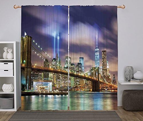 2 Panel Set Window Drapes Kitchen Curtains,Landscape Manhattan Skyline with Brooklyn Bridge and Towers of Lights in NYC United States Puple Green,for Bedroom Living Room Dorm Kitchen Cafe