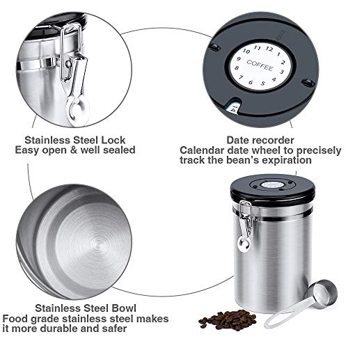 Glotoch Airtight Coffee Canisters-Stainless Steel Coffee Storage Container, Vault with Built-in CO2 Gas Vent Valve & Date Tracking Wheel &Scoop -Large(64oz), Silver