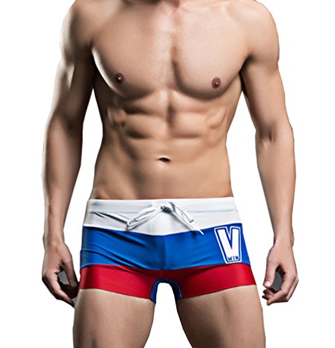 Linemoon Men's Beach Gradient Stripe White/Blue/Red Nylon Boxer Swimsuit 32-35 Inches