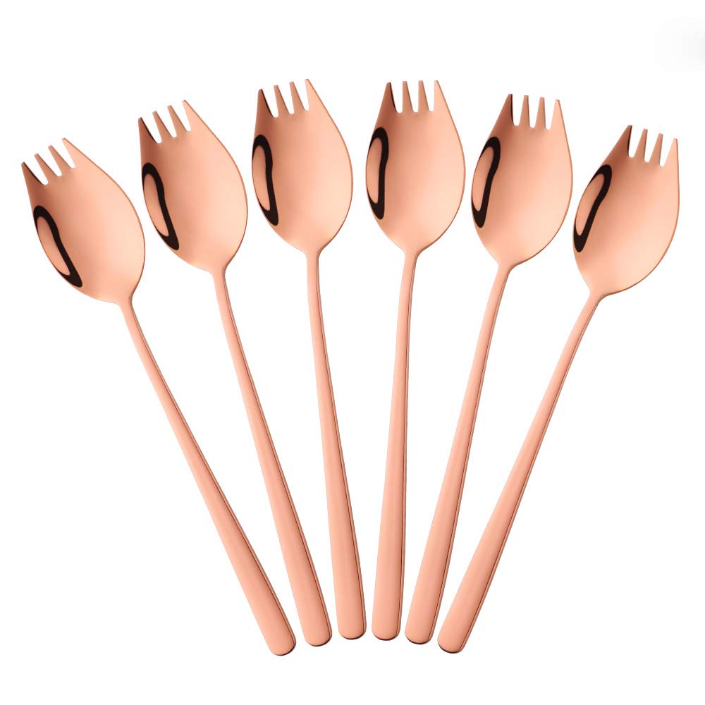 BISDARUN Noodle Sporks 2 in 1 Fork and Spoon Combination Rose Gold 6pcs Stainless Steel Long Handle 8.39 inches Pasta Fruit Forks Soup Spoons for Travel Camping Work Lunch Meals