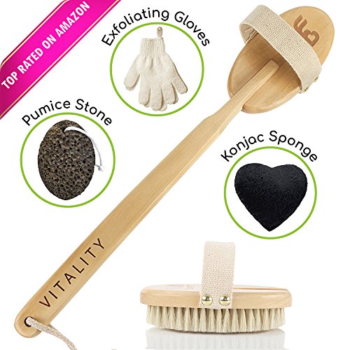 Premium Dry Brush for Cellulite & Lymphatic Massage to Get Glowing Tighter Skin – Body Brush Set With Exfoliating Gloves…