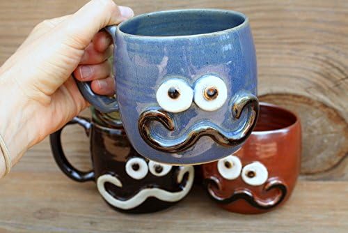 Handlebar Mustache Mug. Blue Green Red-Brown or Chocolate Black Stoneware Pottery Coffee Cup. Hot or Cold Beverage. Medium 12 - 16 Ounces.
