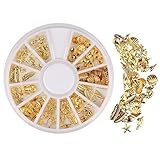 Beauty7 Pack of 150 Manicure Glitter 3D Nail Art Decorations Wheel Gold Tone Starfish Seahorse Shells Nautilus Coconut Palm Leaf Metallic Studs DIY Nailart Decor Accessories