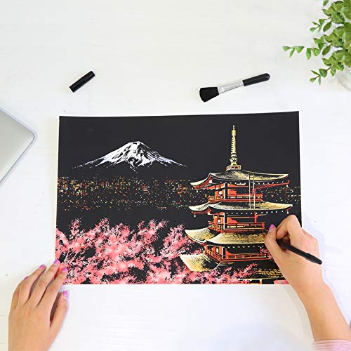 Scratch Art Paper DIY Night View Scratchboard Wooden Stylus for Adult and Kids, Size 11.2''x16'' (Mount Fuji) - Thumbnail 3