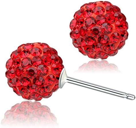 Rolove Women's Sparkling 925 Sterling Silver Rhinestones Crystal Fireball Disco Ball Stud Earrings,Hypoallergenic (Red)