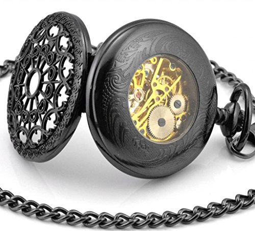 Infinite U Heart Shape Black Spider Web Hollow Skeleton Steel Mechanical Movement Pocket Watch