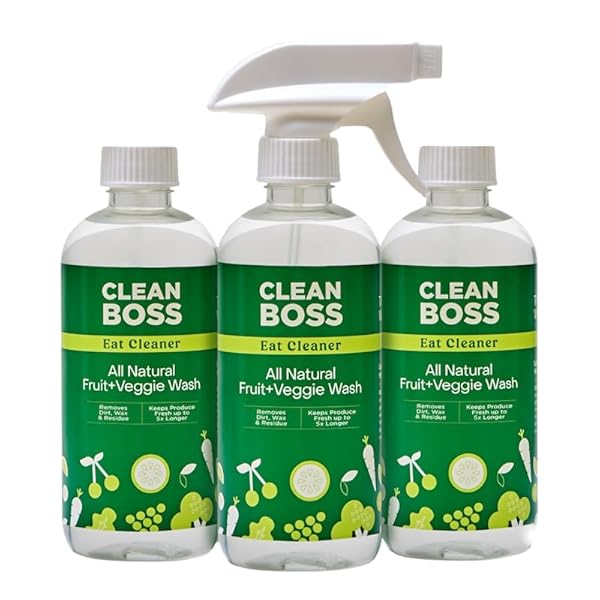 CLEANBOSS EAT CLEANER TRIPLE-ACTION FRUIT + VEGGIE WASH – 12 OZ, PACK OF 3 – REMOVES HARMFUL RESIDUE – KEEPS PRODUCE FRESH UP TO 5X LONGER – INCLUDES ONE TRIGGER – VEGAN, GLUTEN FREE – IMPROVED NOZZLE