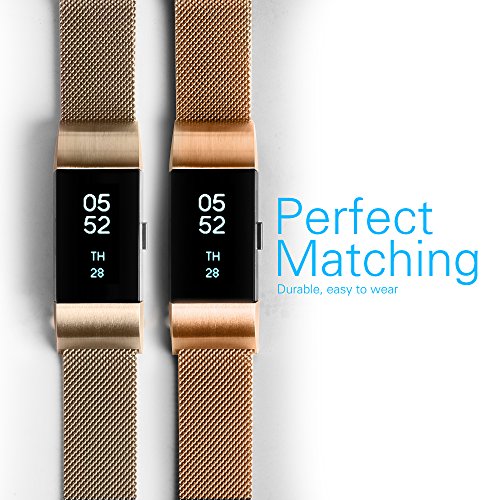Tecson Magnetic Bands Compatible Fitbit Charge 2 (Pack of 2), Stainless Steel Metal Milanese Replacement Strap with Magnet Lock for Fitbit Charge 2, Champagne Gold and Rose Gold