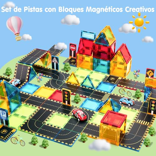 hahaland Magnetic Building Blocks for Kids, 38 Pieces Magnetic Tiles with City Roads and 2 Pull Back Cars, Compatible Magnetic Parts for Kids 3 4 5 6 Years Old