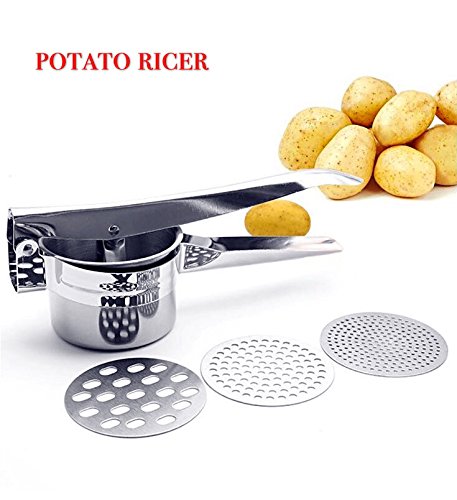 stainless steel potato ricer with three interchangeable ricing discs(Fine,Medium,Coarse),premium stainless steel baby food strainer,vegetable fruit ricer
