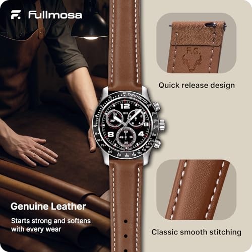 Fullmosa Watch Strap, Vintage Leather Strap Replacement for Smartwatch and Universal Watch with Stainless Steel Clasp for Men and Women, Brown+Silver Buckle, 22MM