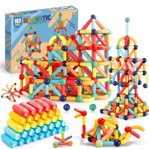 Bloco Magnetico Infantil de Montar, Brinquedo Educativo Infantil Bastões e Bolas, Kit de Construção 2D e 3D, Desenvolvimento STEM para Criatividade, Coordenação Motora e Raciocínio Lógico (103)