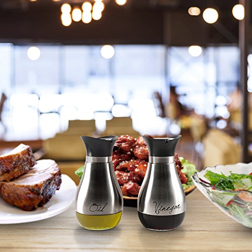 Emenest Oil and Vinegar Cruet Dispensers, Set of 2 Silver and Glass Bottles with Lid and Non-drip Spout - 13.6 Oz, Modern Decorative Condiments Storage - Thumbnail 3