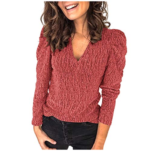 Aunimeifly Women V Neck Puff Long Ruched Lantern Sleeve Solid Blouse Fashion Simple Elegant Casual Slim and Fit Shirt Tops(Red,M)