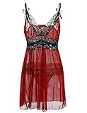 Sweetnight Women Plus Size L_5XL Lace Lingerie Set Semi Sheer Chemise Babydoll Dress with G-string (XXL, Red)
