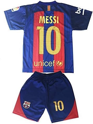 Hussain Tees Youth FC Barcelona Messi 10 Jersey/Shorts Football Soccer (Drifit) (1-2 yrs, Red &amp; Blue)