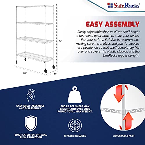 SafeRacks NSF Certified Storage Shelves, Heavy Duty Steel Wire Shelving Unit with Wheels and