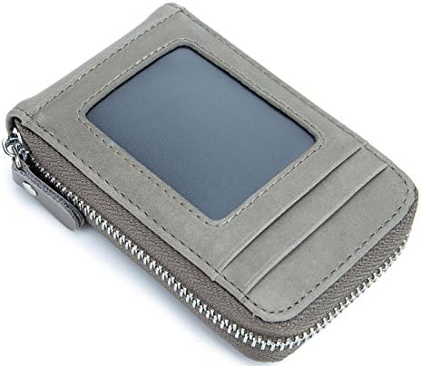 RFID Blocking Zipper Card Holder, Lecxci Small Leather Compact Coin Change Purse Wizard Credit Card Wallets Case with ID Card Driver License Window, for Men/Women (Grey)