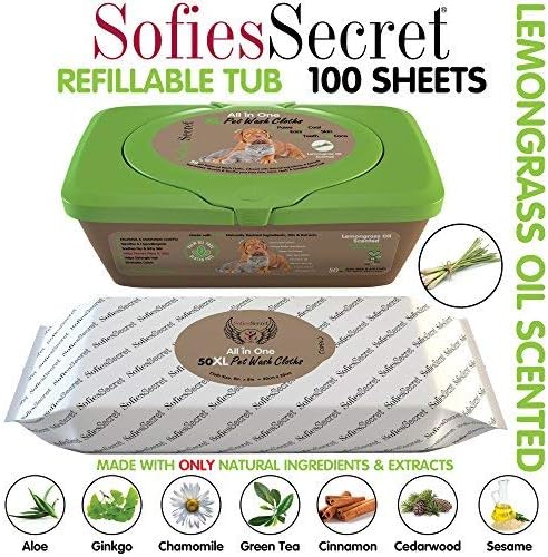 SofiesSecret XL PET Wipes, 100 XL, Lemongrass Oil, All in One Grooming, for Paws, Coat, Skin, Face, Ears and Teeth, Made with only Naturally derived Ingredients, Oils & Extra, Cruelty Free and Vegan