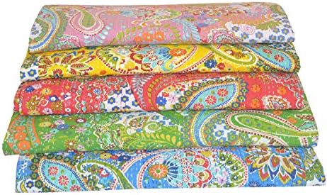 Set of 5 Multicolor Paisley Print Queen Size Kantha Quilt, Kantha Blanket, Bed Cover, King Kantha bedspread, Bohemian Bedding 90x108 Inch