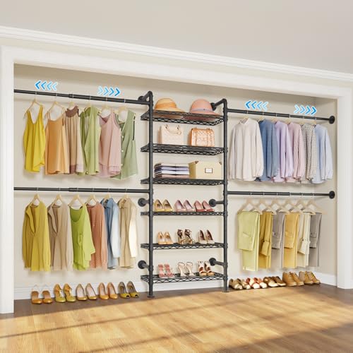 Timate S3X Expandable Wall Mounted Clothes Rack with 6 Adjustable Shelves & 4 Expandable Hanger Rods, Heavy Duty Industrial Pipe Clothing Rack for Hanging Clothes, Fits Spaces 5'11"- 8'10", Black