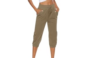 yardsong Capri Pants for Women Cotton Linen Elastic High Waist Wide Leg Solid Lounge Cropped Pants with Pockets