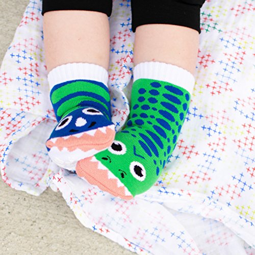 T-Rex & Triceratops Dinosaur Pals Mismatched Silly Dino Socks for Kids Boys Girls with Nonskid No Slip Grippers (Age 4-8) - Thumbnail 6