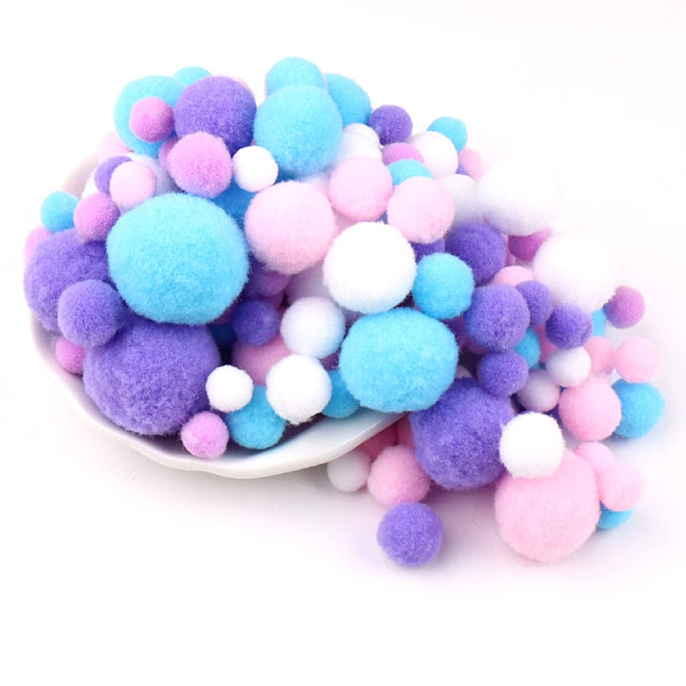 Duories 135 Colourful Pompoms for Crafts,10-30mmmini Pompoms Balls Small Pompoms Balls Fluffy Colourful Pom Pom Decoration Pompom Plush Balls Craft Accessories for DIY Crafts Purple Blue Pink