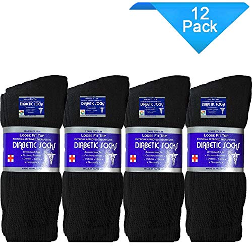 USBingoshop 12 Pairs Mens Physicians Approved Crew Diabetic Socks Cotton 10-13 (12 Pairs D-Black)