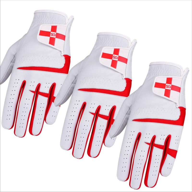 Sports Gear Ltd Pack of 3 Cabretta Leather Men’s Golf gloves, for All Weather Conditions, Soft Feel Grip, Breathable & Comfortable, Right & Left Handed Golfer - England Left Hand XXL