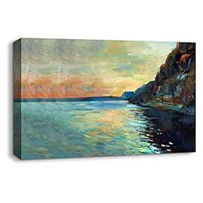 Canvas Wall Art Abstract Beautiful Landscape Ocean Mountain Painting Artwork for Home Prints Framed - 12x18 inches