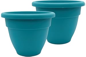 The HC Companies 14 Inch Caribbean Planter Pots with Drainage & Plug, Rolled Rim Plastic Planters for Outdoor Plants, 2-Pack Decorative Flower Pots for Garden, Patio, Office & Home Decor, Dusty Teal