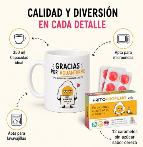 mundohuevo Original Gift Pack for Friends, Couple, Family and Office | Funny Mug "Gracias por Aguantarme" 350 ml + 12 Joke Candies in blister Sugar-Free with Cherry flavor.