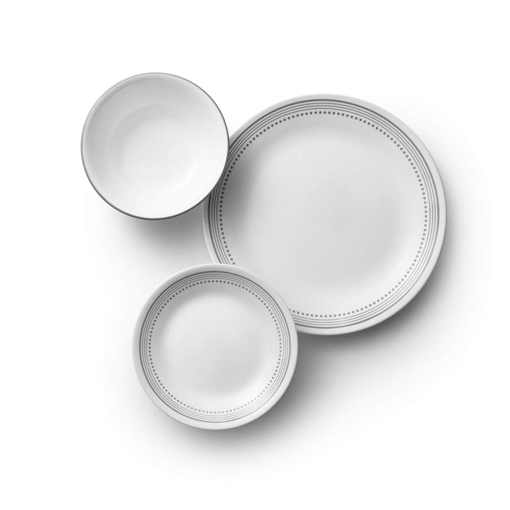 Corelle Vitrelle 18-Piece Service for 6 Dinnerware Set Triple Layer Glass and Chip Resistant, Lightweight Round Plates and Bowls Set, Mystic Gray