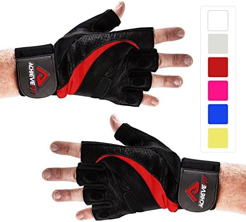 ACHIEVE FIT Weightlifting Gloves - Firm Grip, Control &amp; Comfort for Weight lifting, Crossfit Training, Gym Workout - Standard or With Wrist Wraps (PAIR) (Medium, Wrist Wraps - Black/Red)