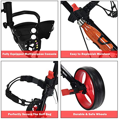 Red 3-Wheel Foldable Push Pull Club Trolley Golf Cart Bag Scoreboard w/Seat with Ebook - Thumbnail 5